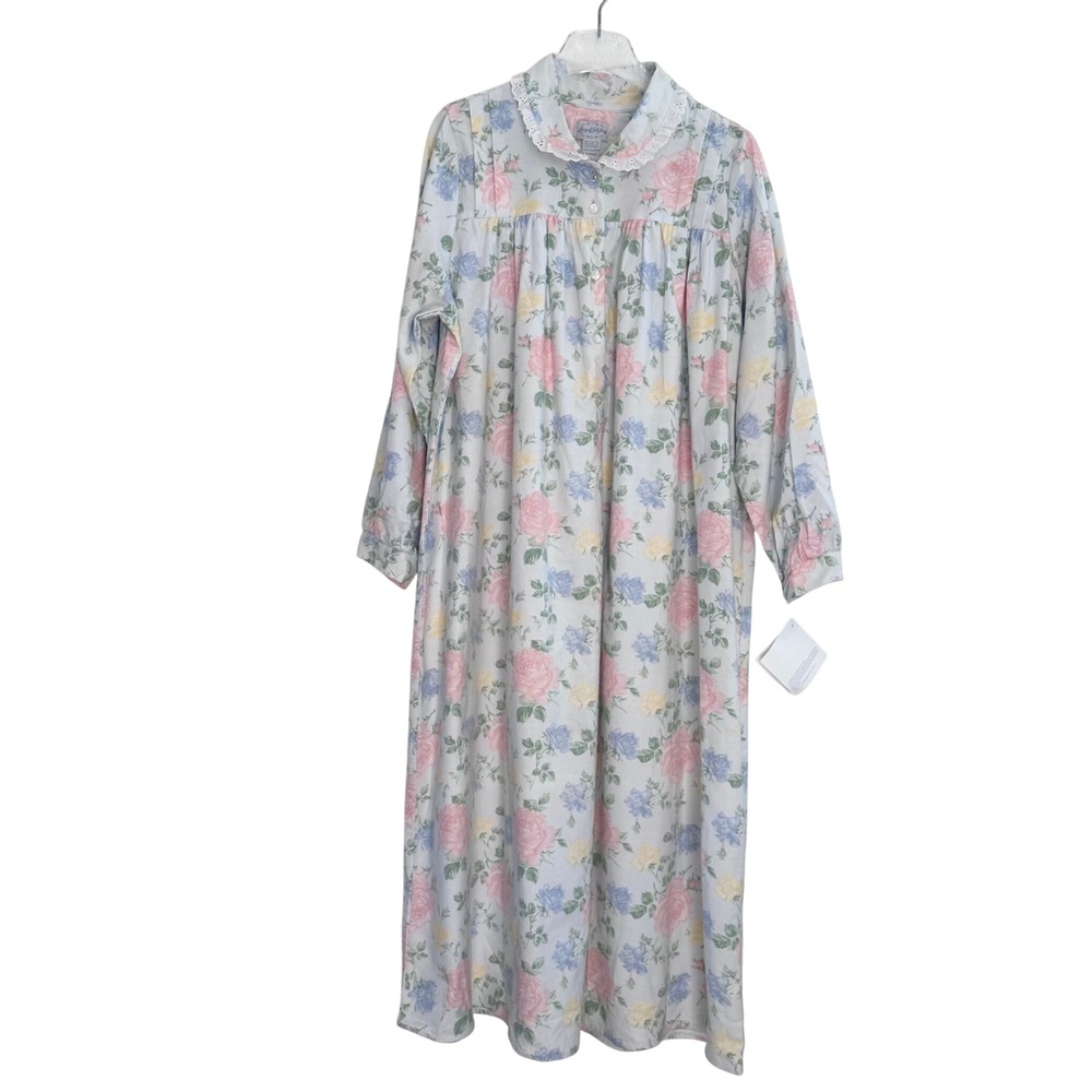 Lanz of Salzburg Nightgown Women L Blue Floral Flannel Long Sleeve Cottagecore